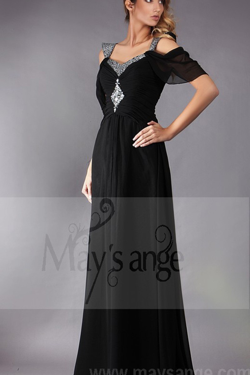 BLACK EVENING DRESS WITH OFF SHOULDER AND SHINY STRAPS - Ref L193 - 01