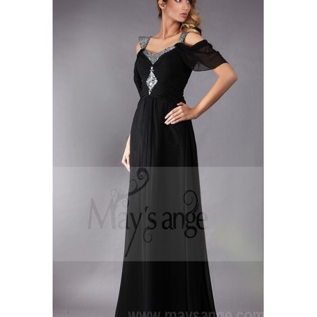 BLACK EVENING DRESS WITH OFF SHOULDER AND SHINY STRAPS