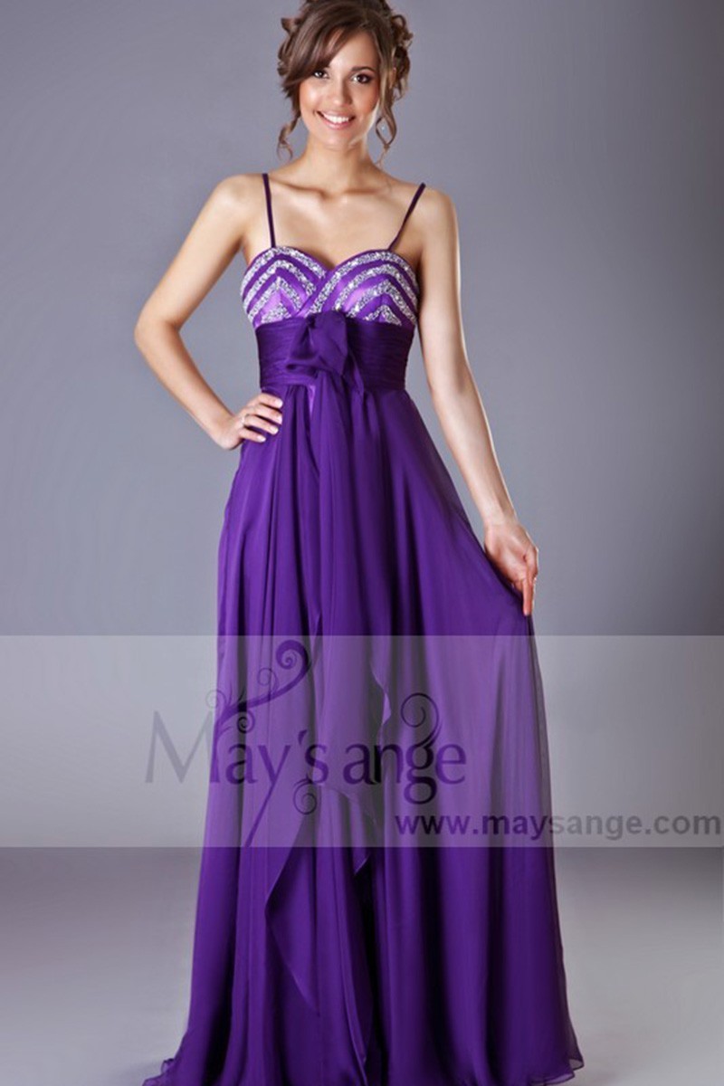 Violet Long Chiffon Evening Dress With Glitter Bodice - Ref L203 - 01