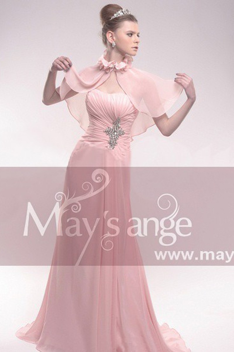 Robes soirée longue rose enchanteur avec une petite cape - Ref L211 - 01 Robes soirée longue rose enchanteur avec une petite cape - Ref L211 - 01