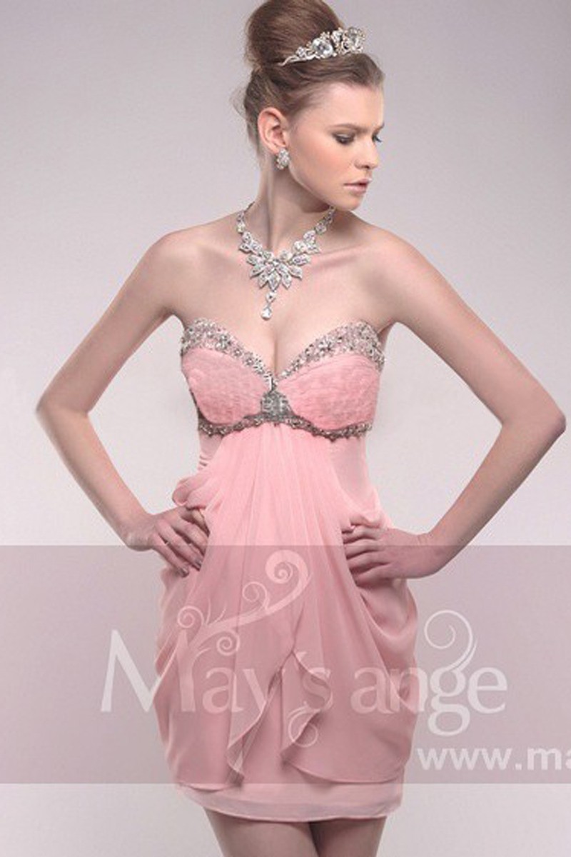 Robe courte de soirée coquette en mousseline rose pâle C210 - Ref C210 - 01 Robe courte de soirée coquette en mousseline rose pâle C210 - Ref C210 - 01