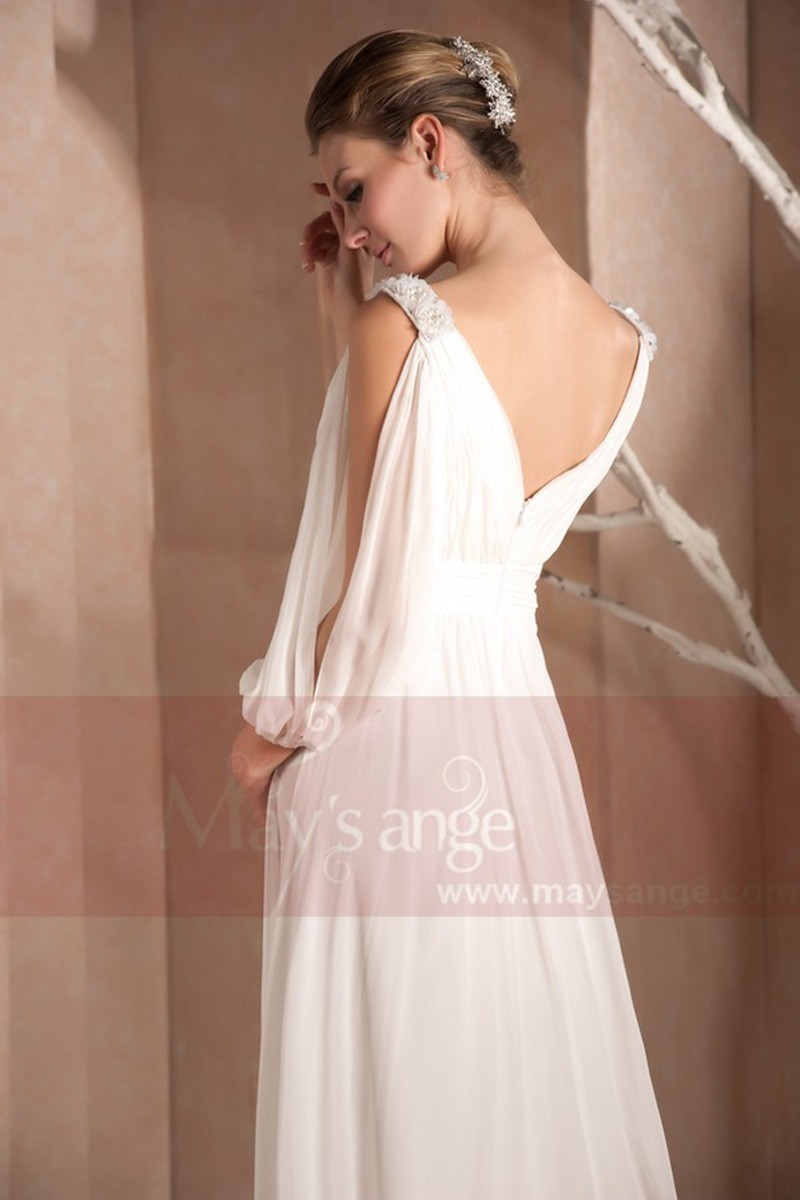 Long White Dress With Draped V Neck And Cutout Long Sleeve - Ref L274 - 01