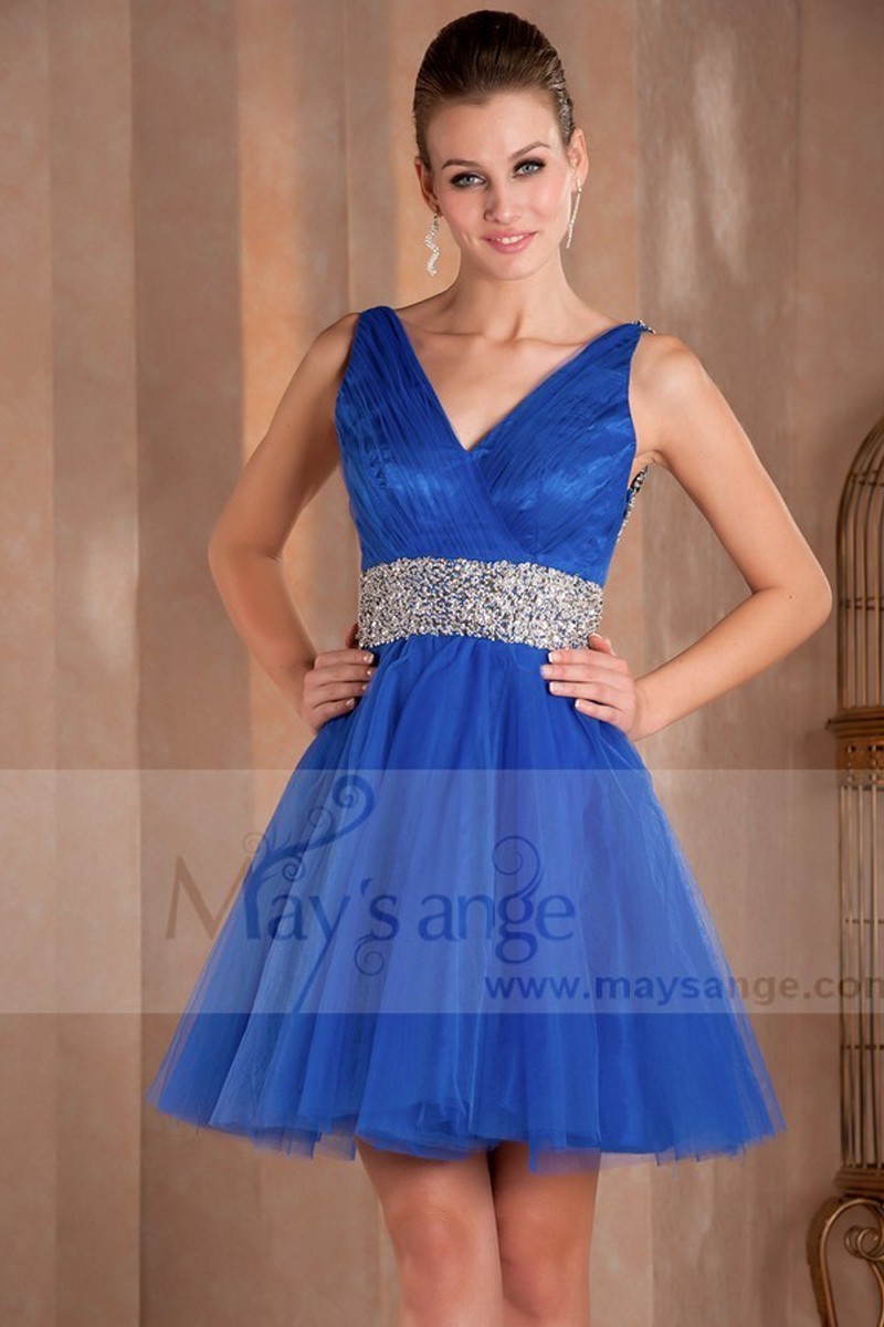 Robes nuage étincelant de cocktail courte bleu avec perles argentés - Ref C262 - 01 Robes nuage étincelant de cocktail courte bleu avec perles argentés - Ref C262 - 01