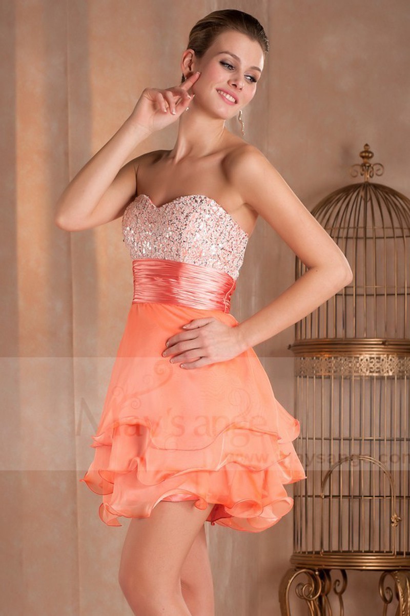 Short Princess Orange Party Dress With Glitter bodice - Ref C275 - 01
