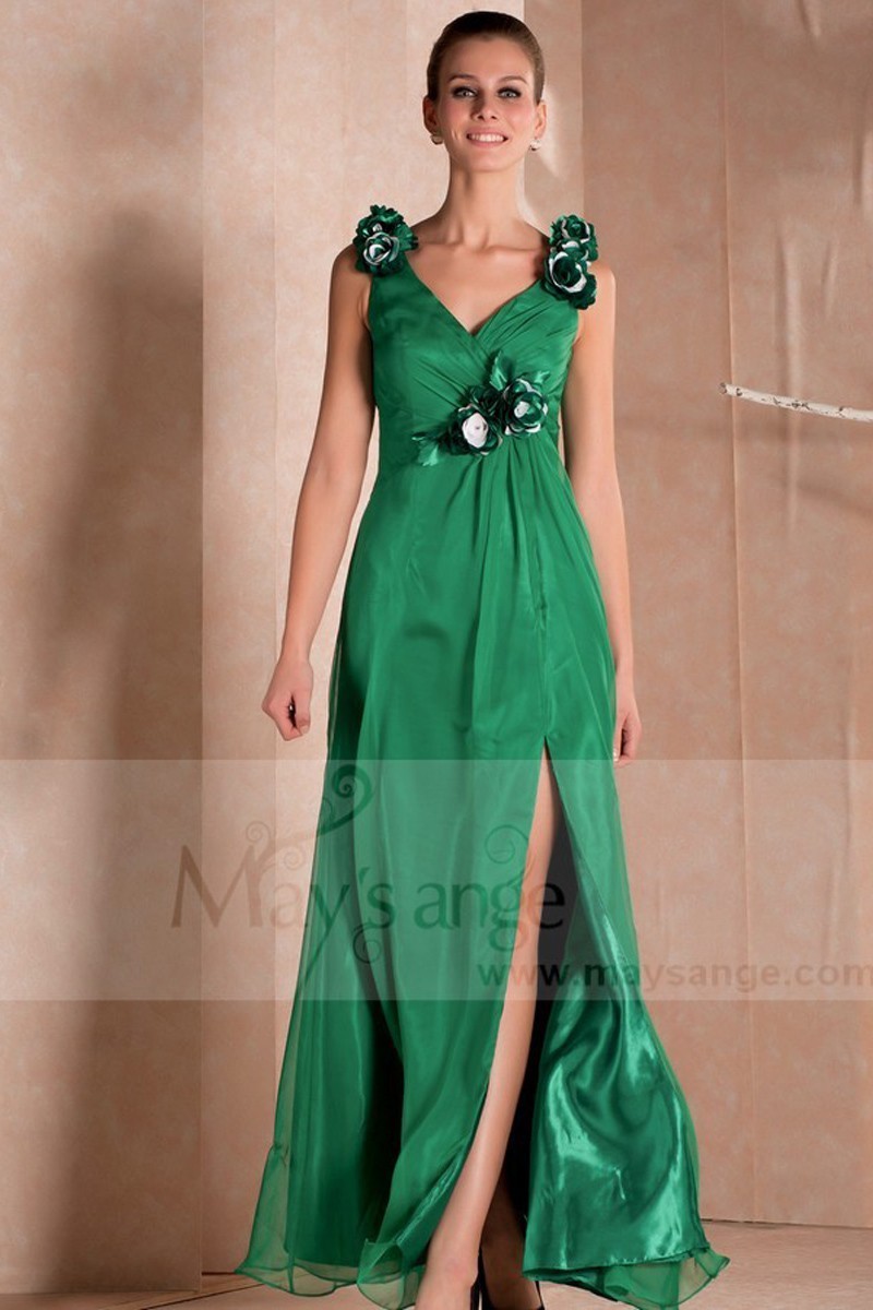LONG COCKTAIL DRESS GREEN COLOR WITH STRAPS - Ref L280 - 01