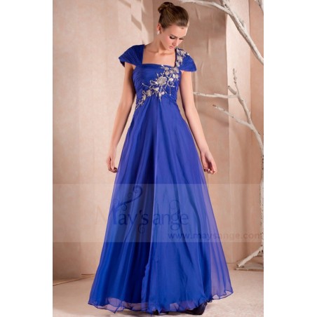 Robes longue de soirée Étincelle avec manches et fleurs argentées