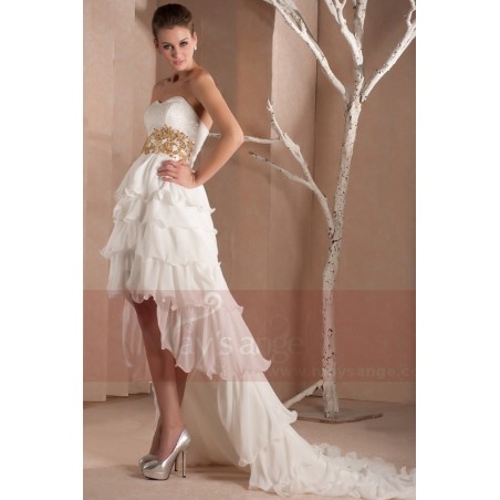 Robe soirée blanche longue bustier Paon asymétrique