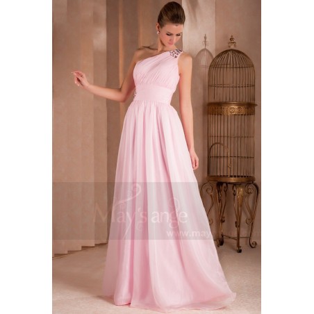 One Shoulder Plus Size Pink Evening Dress With Rhinestones
