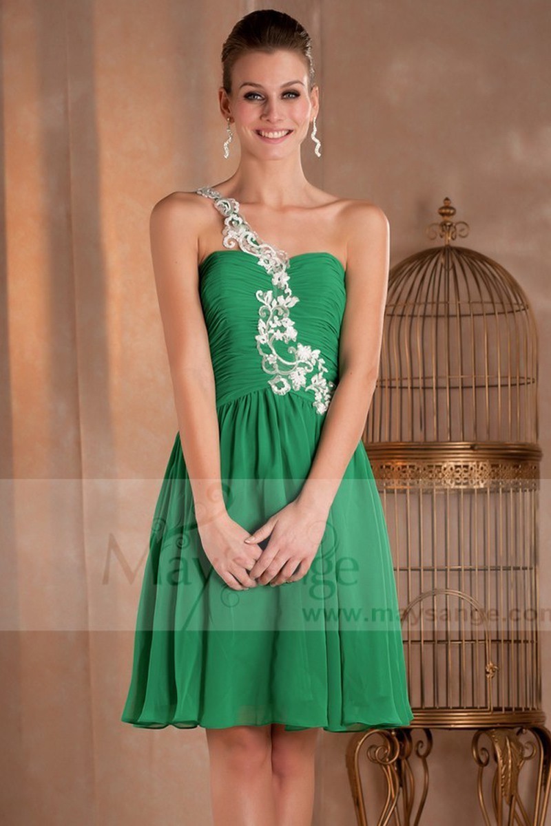 Green Short Cocktail Dress With One embroidered Strap - Ref C272 - 01 Green Short Cocktail Dress With One embroidered Strap - Ref C272 - 01