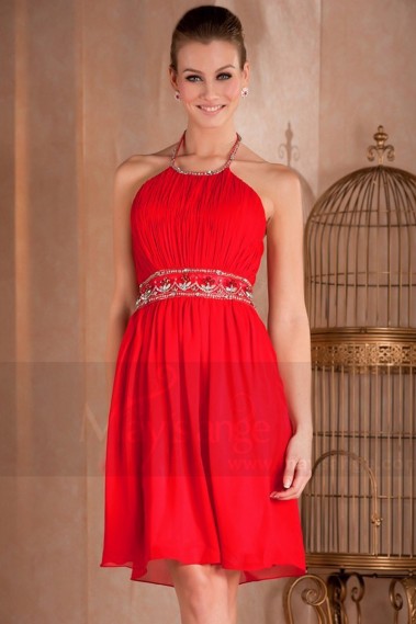 Short Red Party Dress With Rhinestones Belt - C274 #1