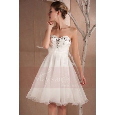 WHITE EVENING DRESS NECKLINE WITH CRYSTAL BEADS