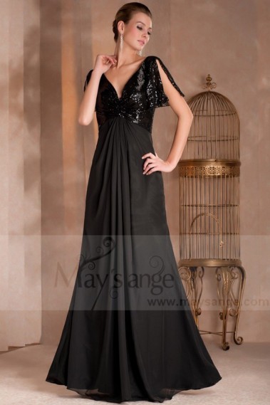 Robe de soiree noire paillette double décollette chic avec manches - L110 #1