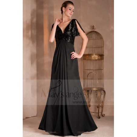Robe de soiree noire paillette double décollette chic avec manches