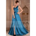 Robe soirée bleu bustier drape en satin avec bretelle unique - Ref L157 - 02