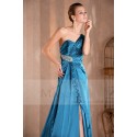Strapless evening dress blue satin drape with single strap - Ref L157 - 03