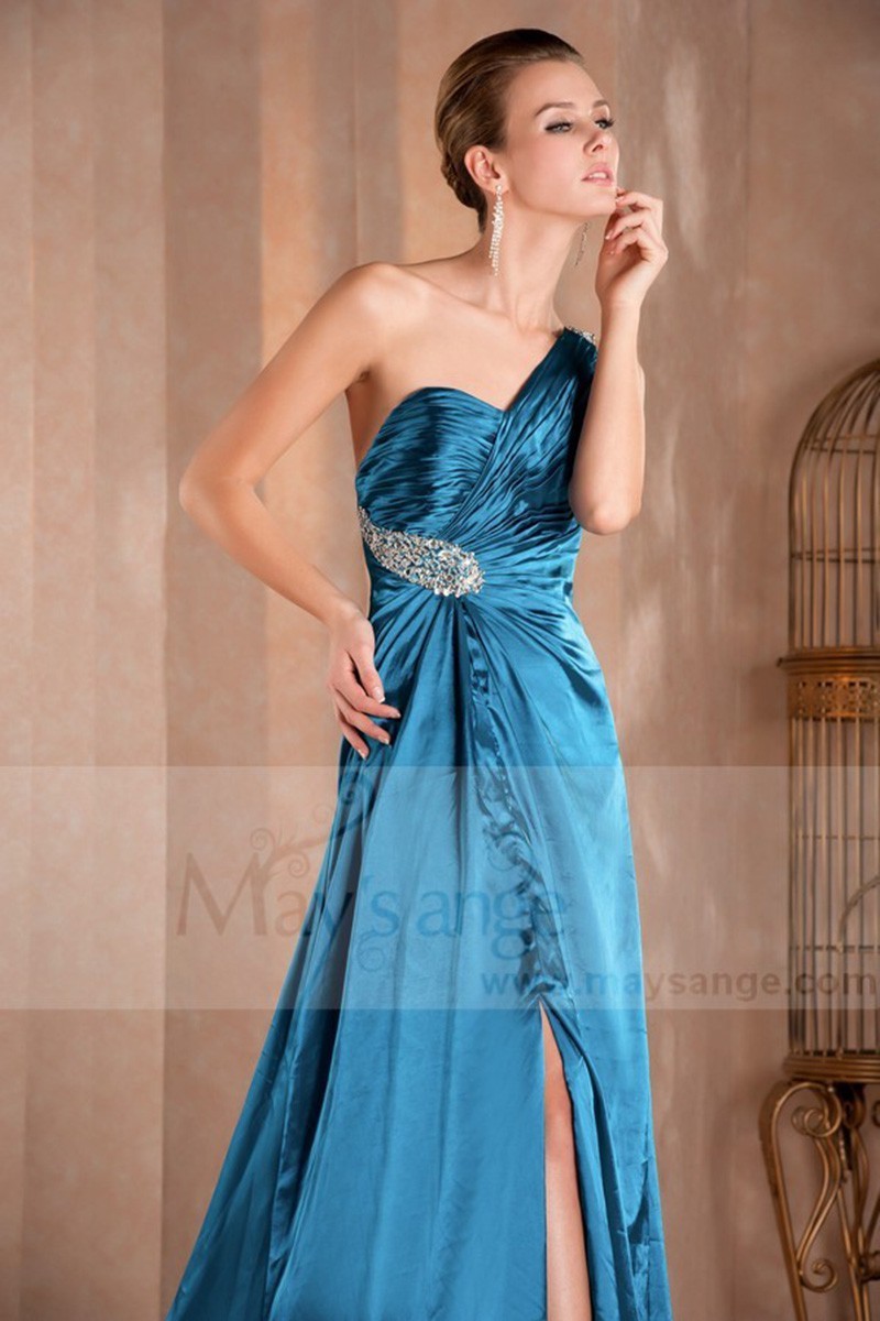 Strapless evening dress blue satin drape with single strap - Ref L157 - 01