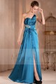 Strapless evening dress blue satin drape with single strap - Ref L157 - 04