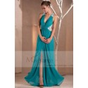 Robe de soirée turquoise décolletté V et dos nu avec deux bretelles croisées - Ref L141 - 03