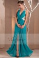 Robe de soirée turquoise décolletté V et dos nu avec deux bretelles croisées - Ref L141 - 03