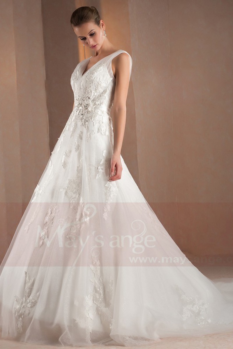 A-Line V-Neck Open Back Boho Wedding Dress With Appliques - Ref M312 - 01