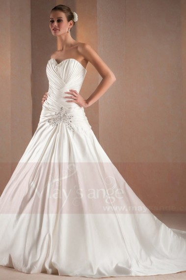 A-Line Court Train Satin Wedding Dress With Pearls - M315 #1