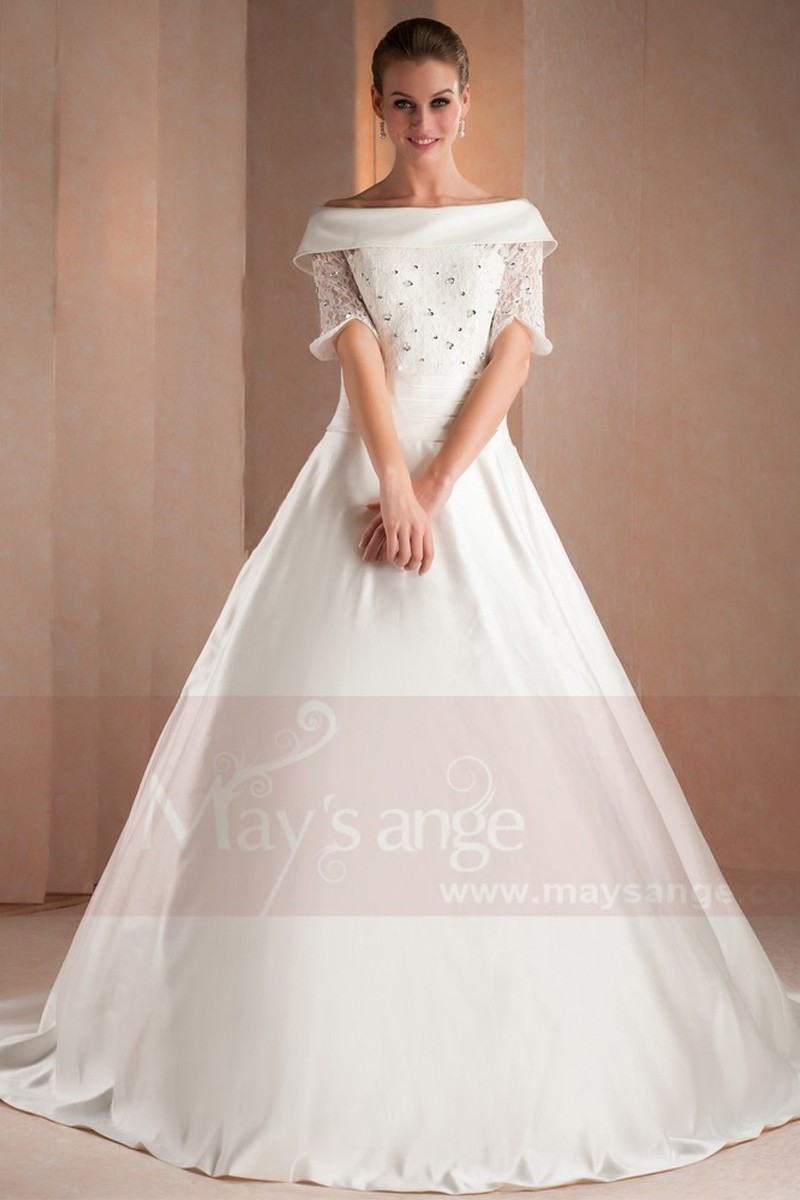 Off-The-Shoulder Lace Satin Bridal Dresses With Rhinestones - Ref M322 - 01