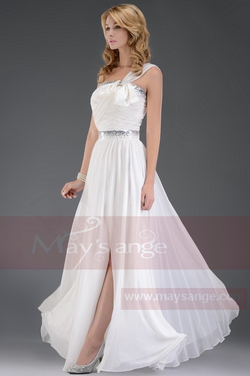 Long White Chiffon Evening Dress With Slit - Ref L121 - 01 Long White Chiffon Evening Dress With Slit - Ref L121 - 01