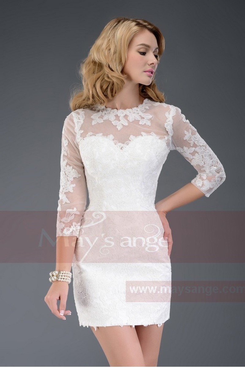 White Cocktail dress with Tatoo lace Sleeves - Ref C508 - 01