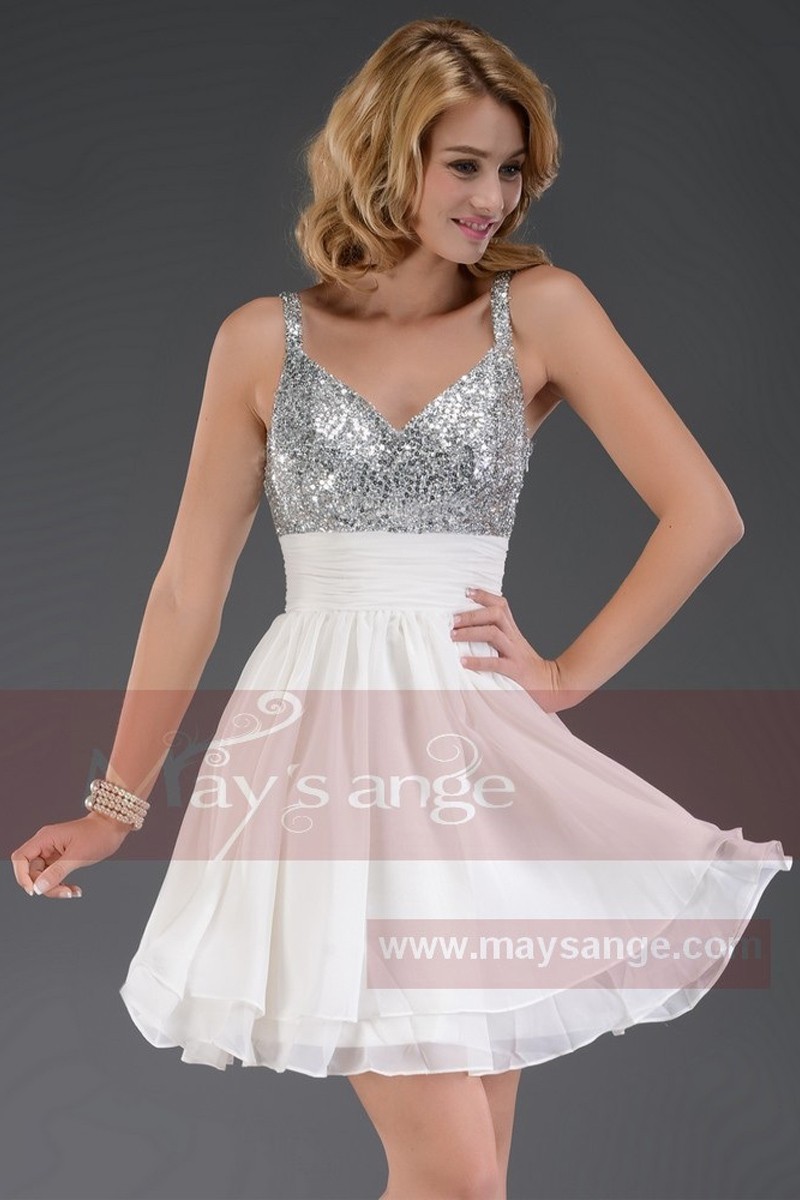 SHORT COCKTAIL DRESS WITH GLITTER V NECKLINE AND THIN STRAPS - Ref C538 - 01