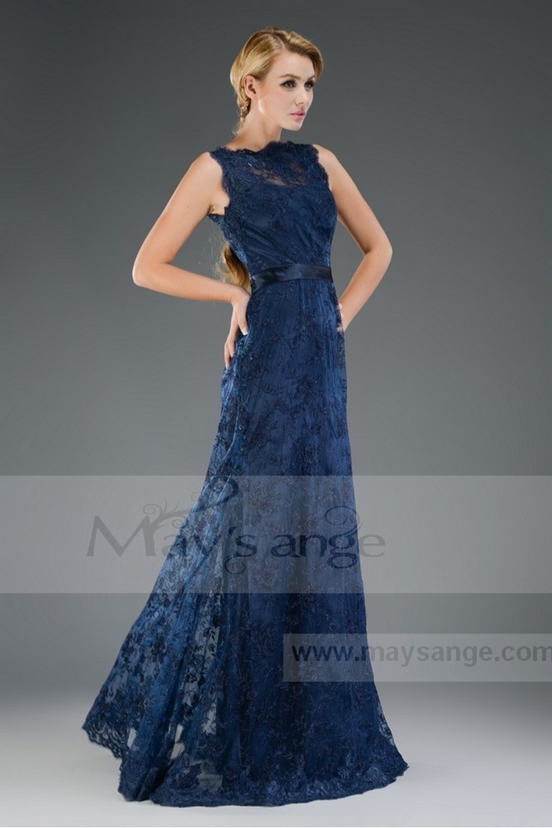 Long Blue Ocean Lace Evening Dress with Round Neck - Ref L524 - 01