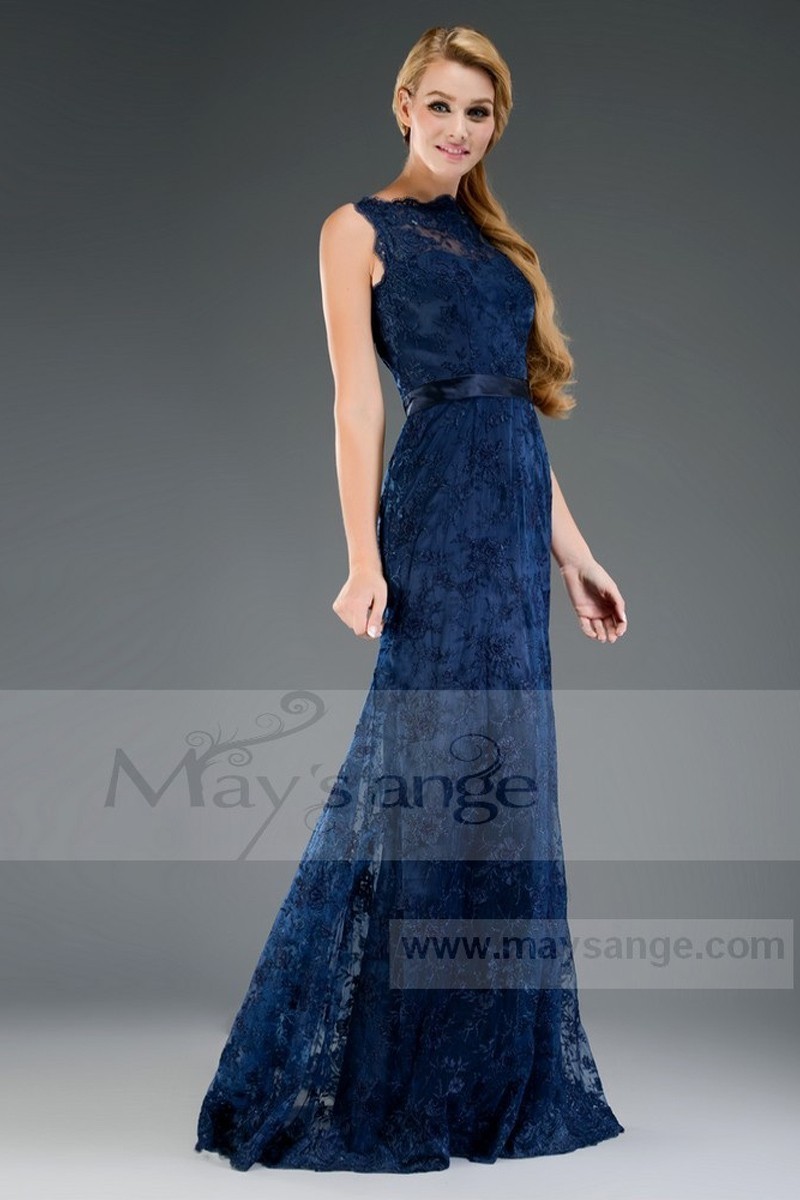 Lace Bodice Plunging V-neck Dress With Slit Ocean Blue main image 1