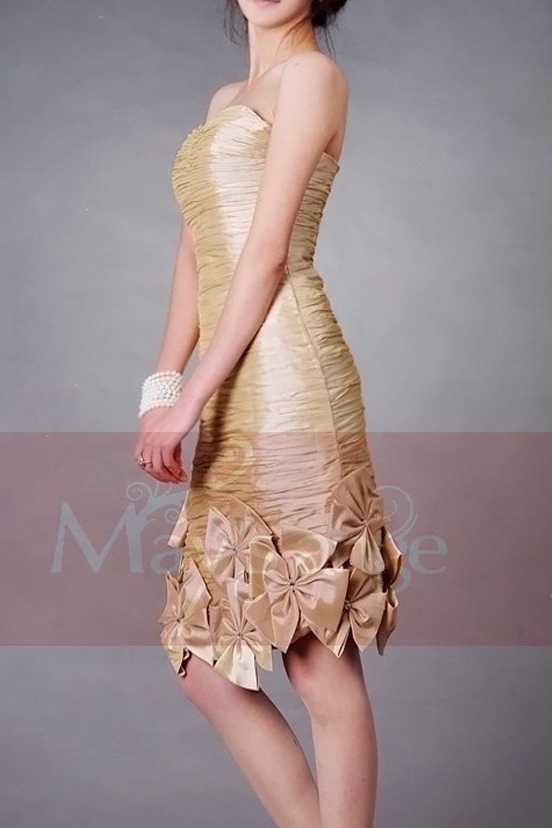 Golden Strapless Bridesmaid Dress With Flowers Hem - Ref C071 - 01