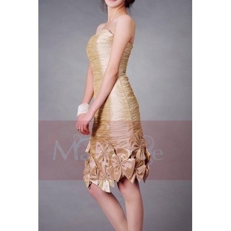 Golden Strapless Bridesmaid Dress With Flowers Hem