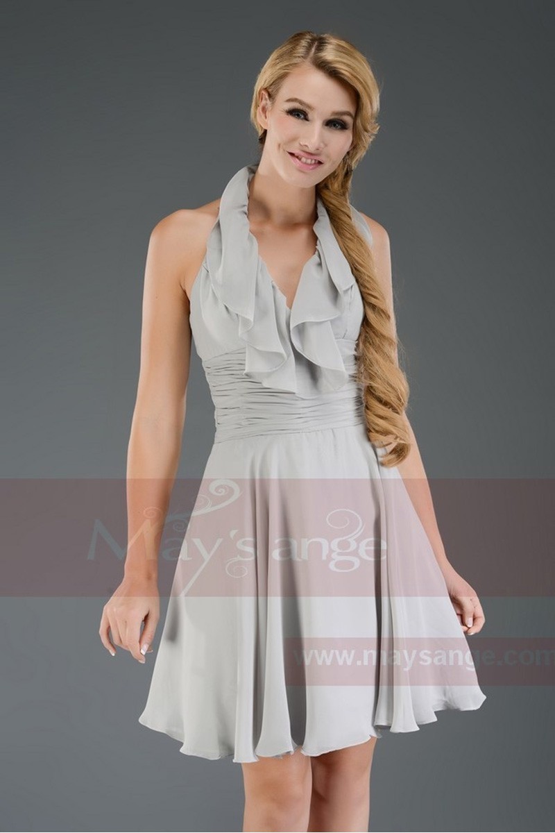 Robe de cocktail gris pale bretelle autour du cou - Ref C652 - 01 Robe de cocktail gris pale bretelle autour du cou - Ref C652 - 01