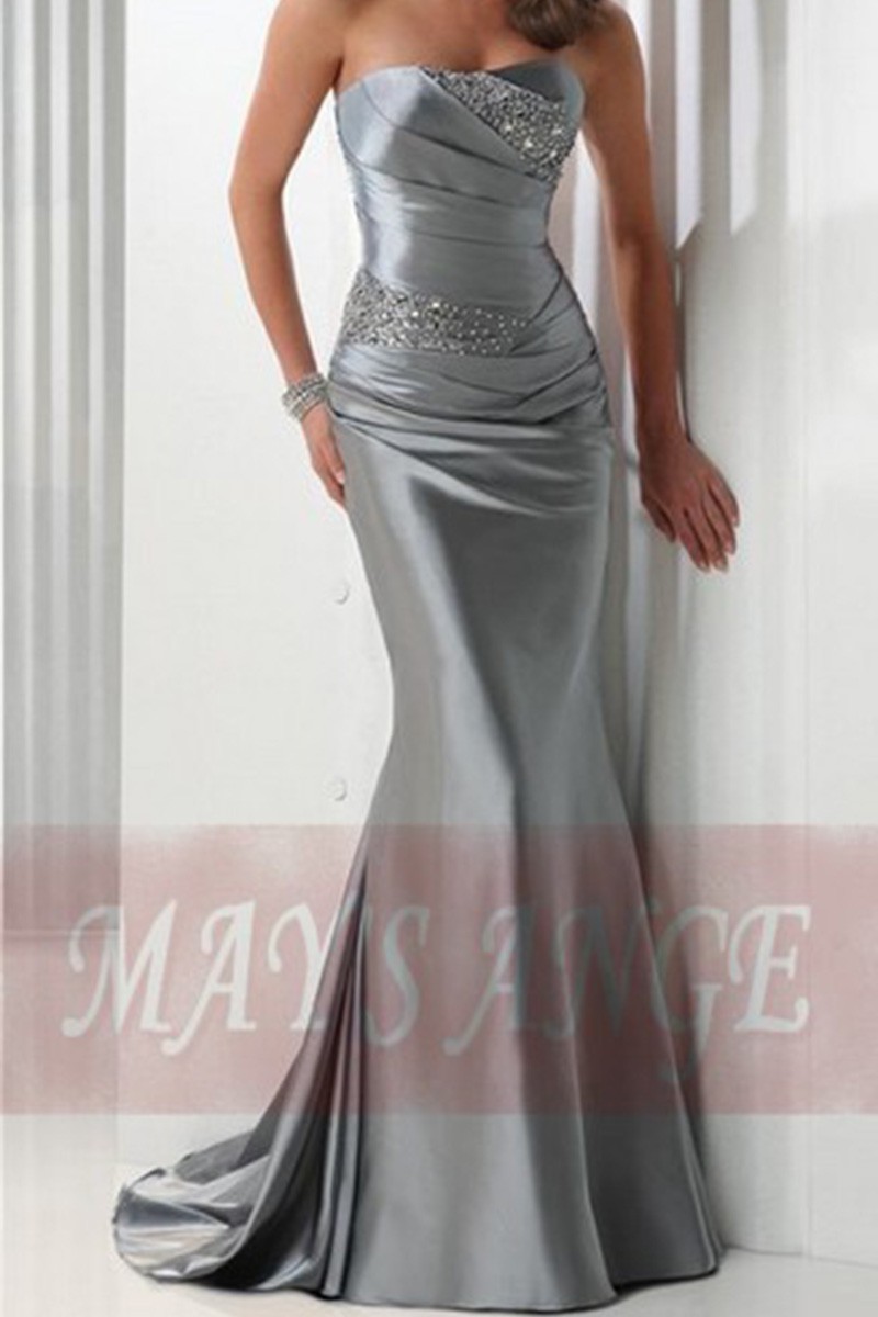 Long Formal Silver Dress Bodice Draped And Beaded