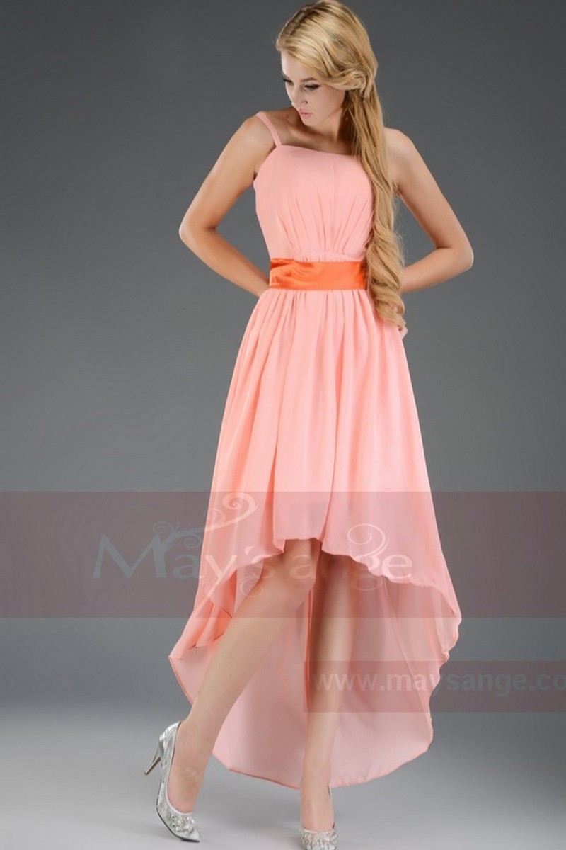 Toulouse asymmetrical dress pink salmon with a belt - Ref C655 - 01