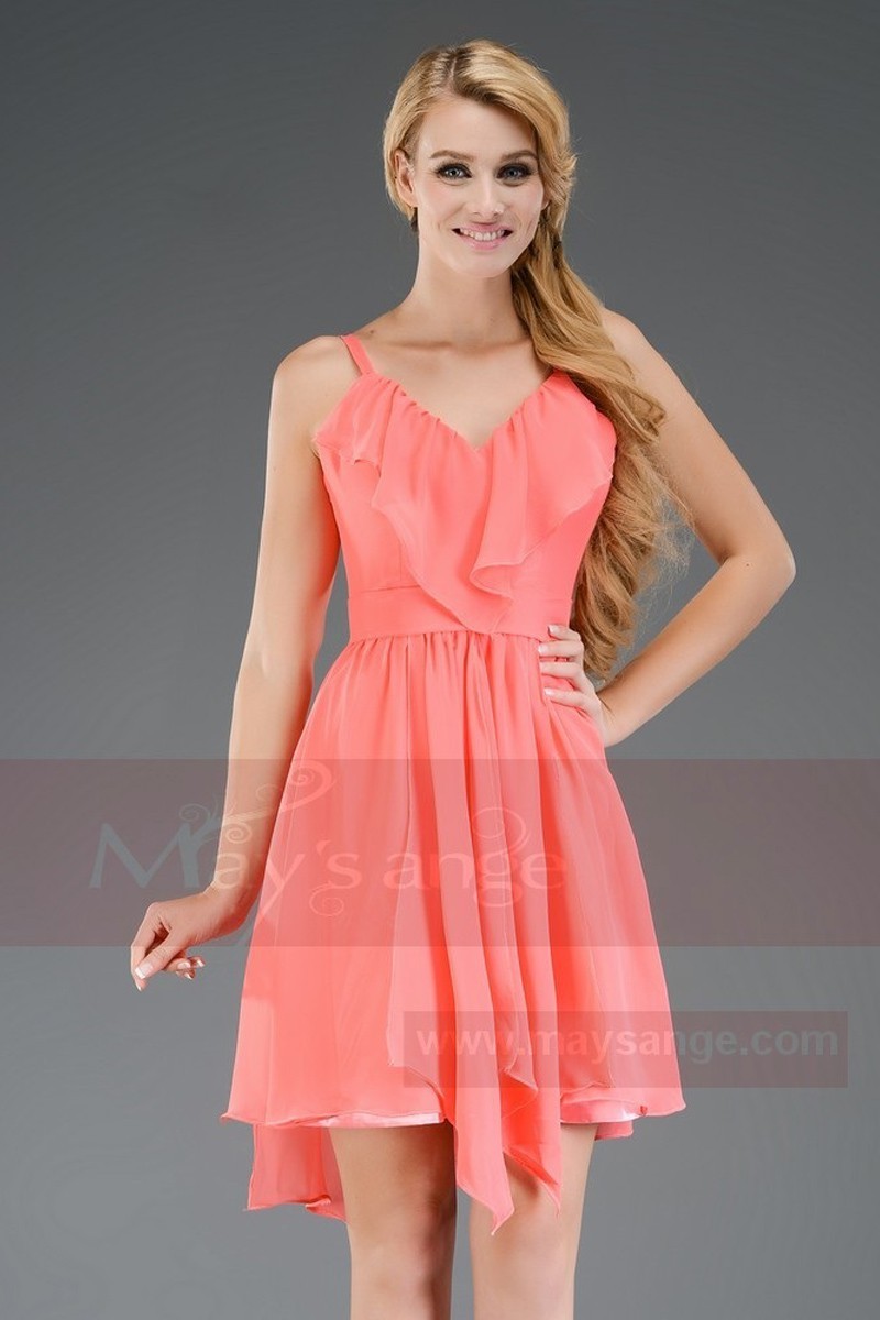Robe de soirée courte légère rose corail C656 - Ref C656 - 01 Robe de soirée courte légère rose corail C656 - Ref C656 - 01
