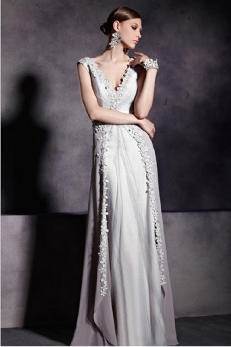 Robe de soirée PR088 gris pale double décolleté V - Ref PR088 - 01 Robe de soirée PR088 gris pale double décolleté V - Ref PR088 - 01