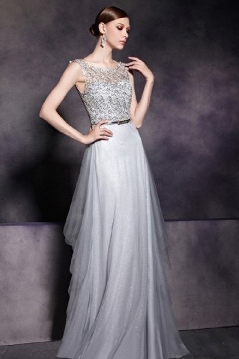 Robe de soirée argent gris parisienne élégance - Ref PR082 - 01 Robe de soirée argent gris parisienne élégance - Ref PR082 - 01