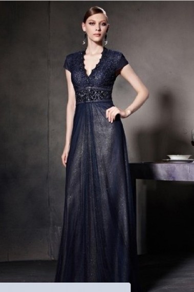 Robe de soirée bleu nuit dentelle manchettes - PR084 #1