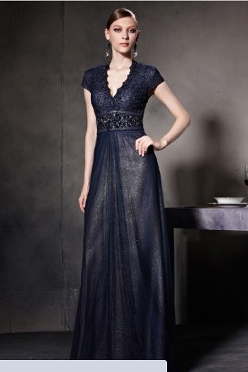 Robe de soirée bleu nuit dentelle manchettes - Ref PR084 - 01