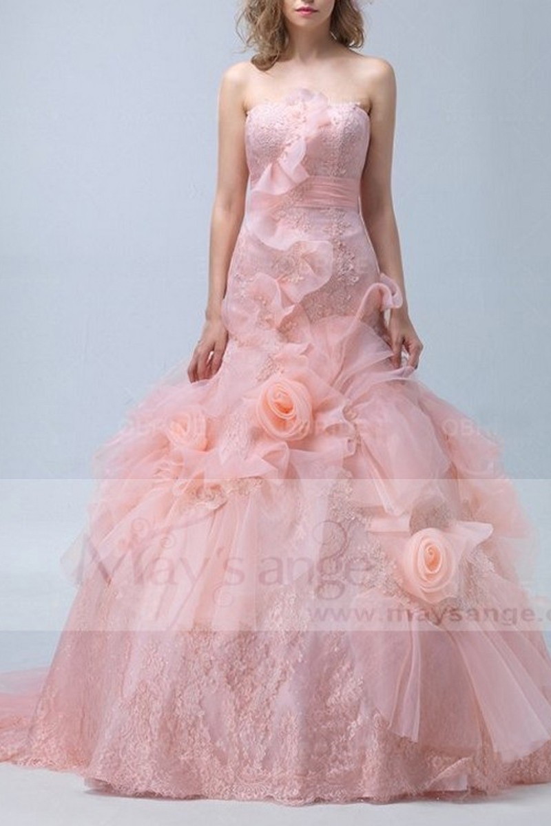 Robe de bal rose fleurs glamours bustier - Ref P058 - 01