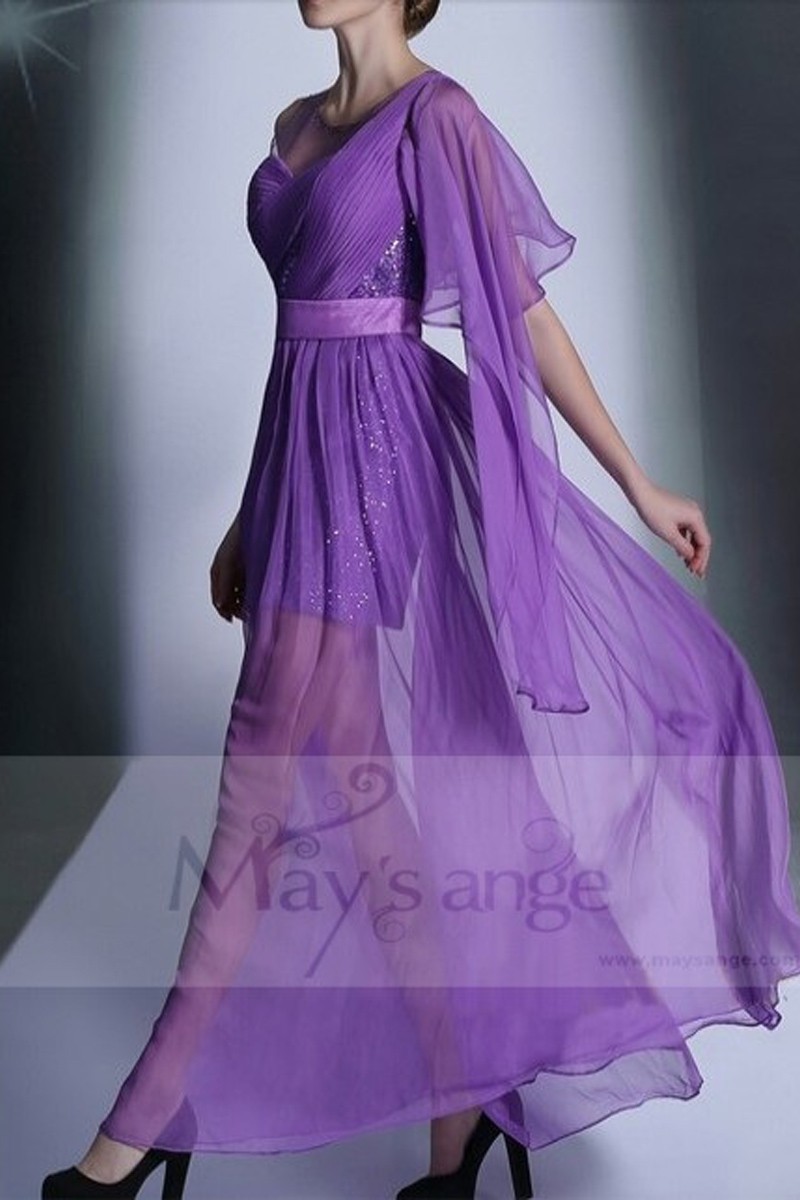 Purple Chiffon Long Party Dress With One Ruffle Long Sleeve - Ref L659 - 01