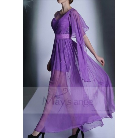Purple Chiffon Long Party Dress With One Ruffle Long Sleeve