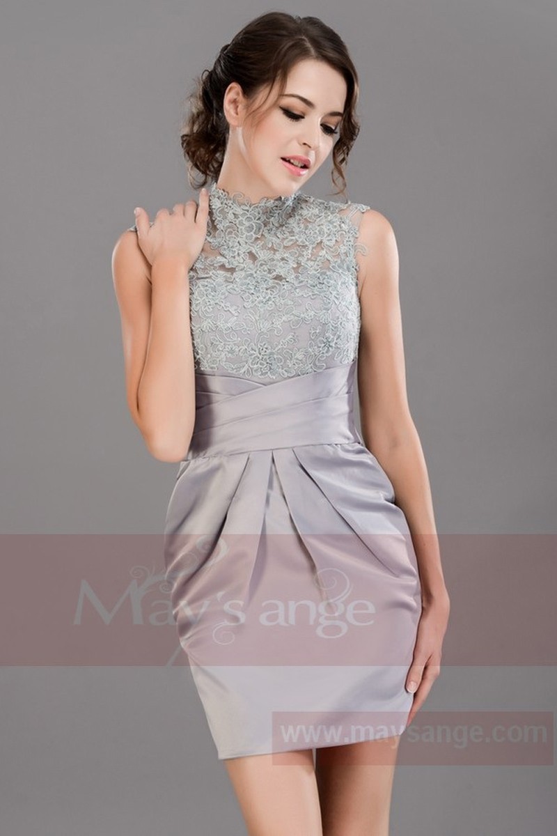 Short A-Line Silver dress Graduation Party Dress With Lace Top - Ref C014 - 01