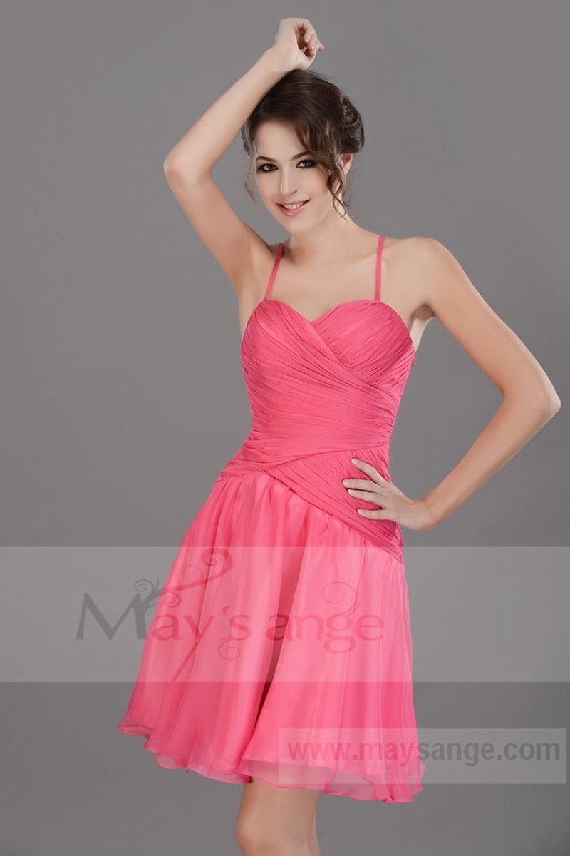 FUCHSIA SHORT COCKTAIL DRESS THIN STRAPS AND PLEATED BODICE - Ref C671 - 01