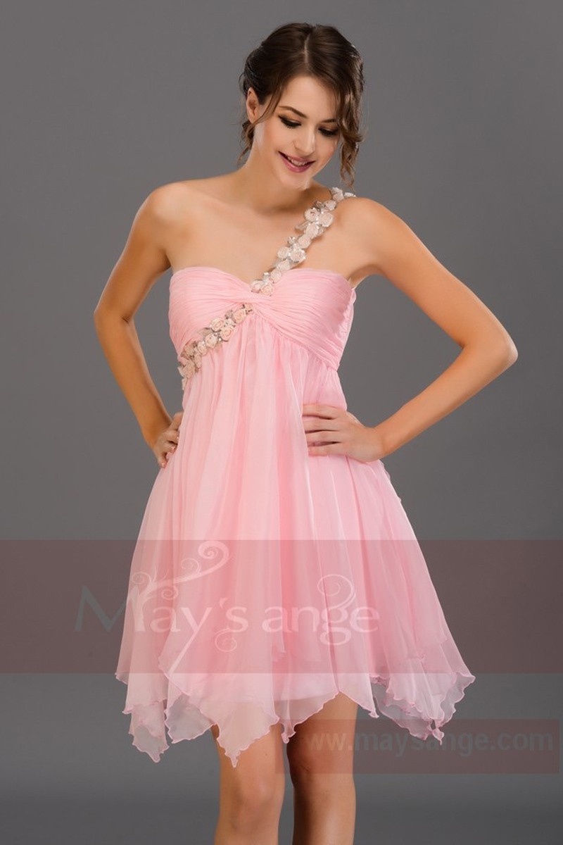 Robe cocktail été couleur rose bretelle fleuries - Ref C681 - 01