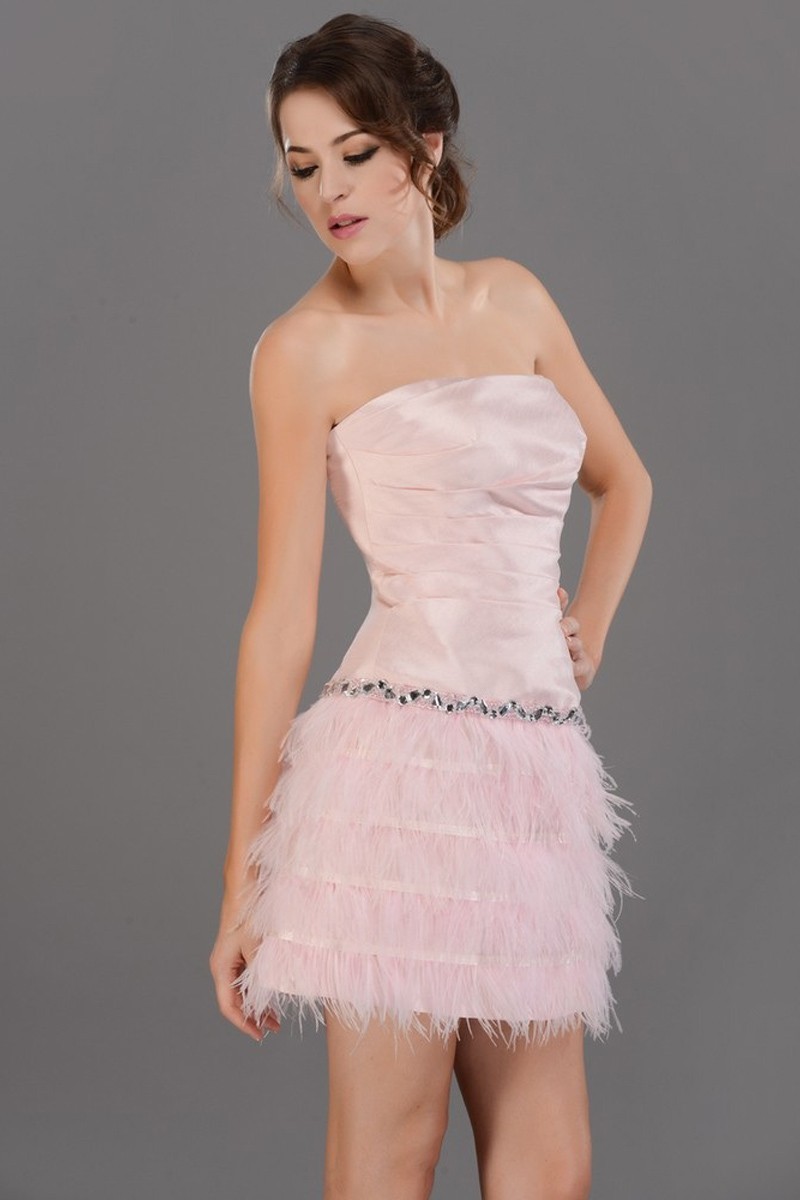 Strapless Short Pink Party Dress With Feathers Skirt - Ref C687 - 01