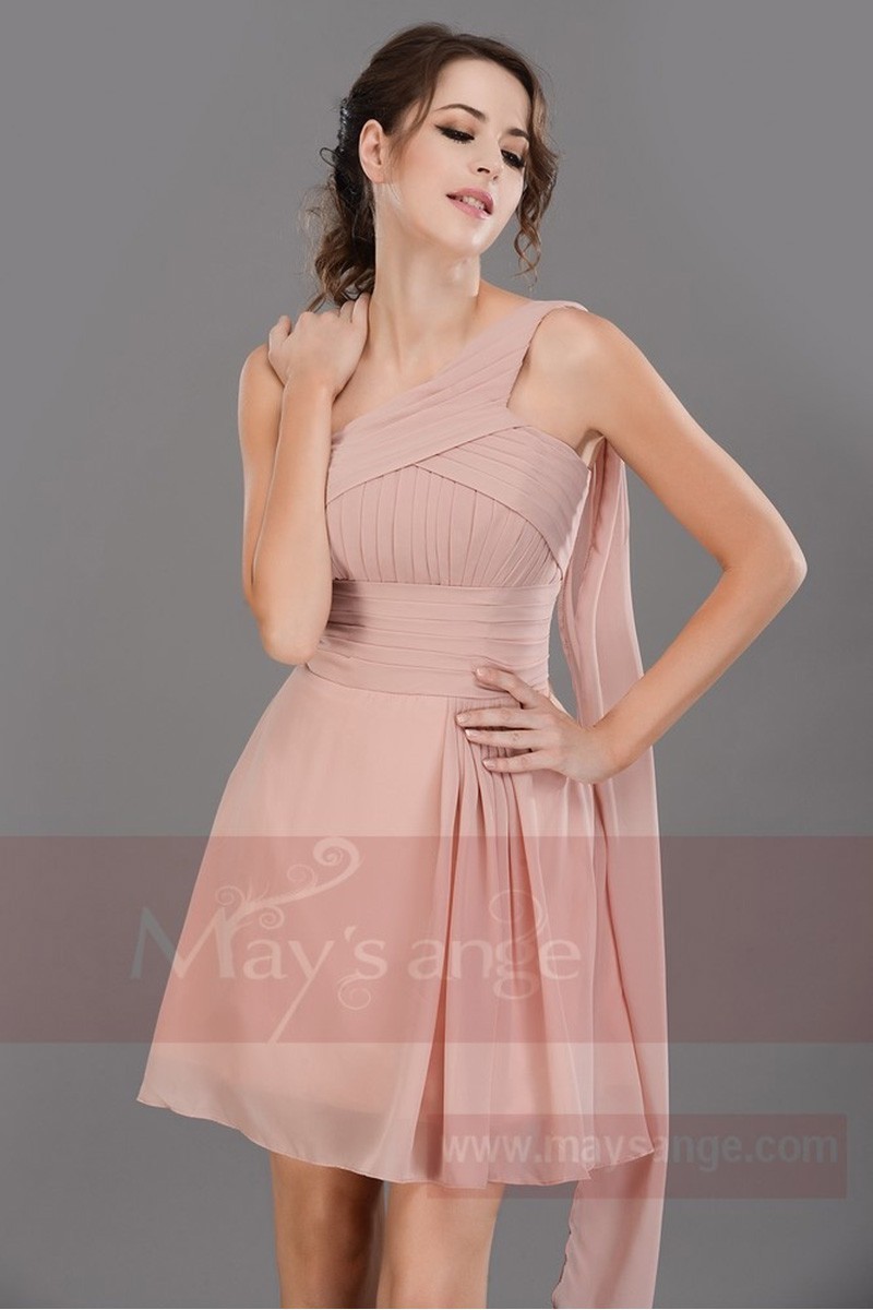 Robe courte rose de la chair asymétrique pour demoiselle d'honneur - Ref C690 - 01