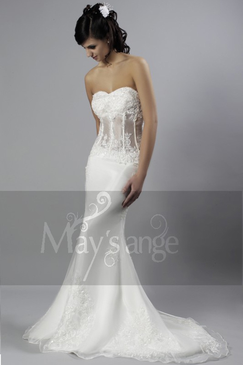 Lace wedding dress Paris with long train and transparent bustier - Ref M023 - 01